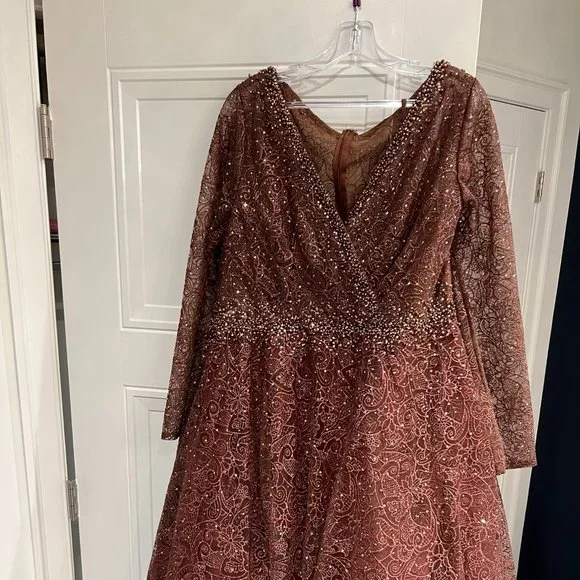 brown illusion dress Brown Embellished Long Sleeve Velvet Trim A-Line Midi Dress